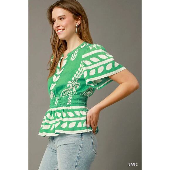 Umgee Boho Peplum Smocked Waist Blouse - Picture 3 of 5